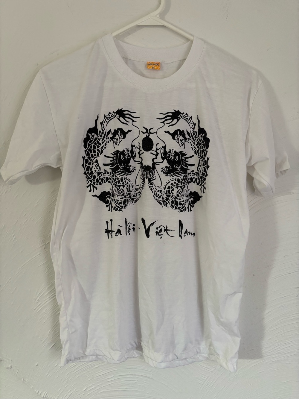 White T-Shirt with Black Dragon Graphic - Hanoi Vietnam Print Size Medium